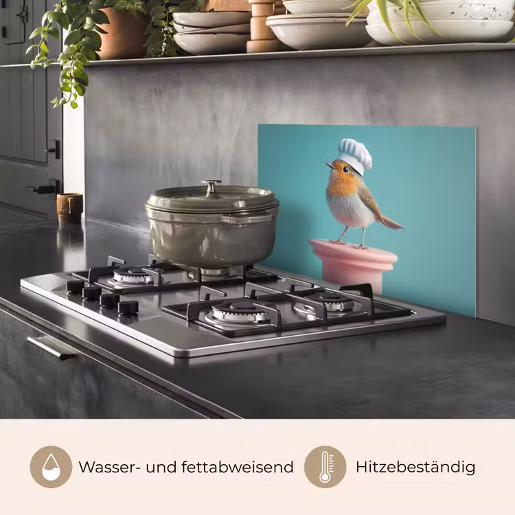 Spritzschutz Küche - Rotkehlchen - Vogel - Kochmütze - Sockel — 2