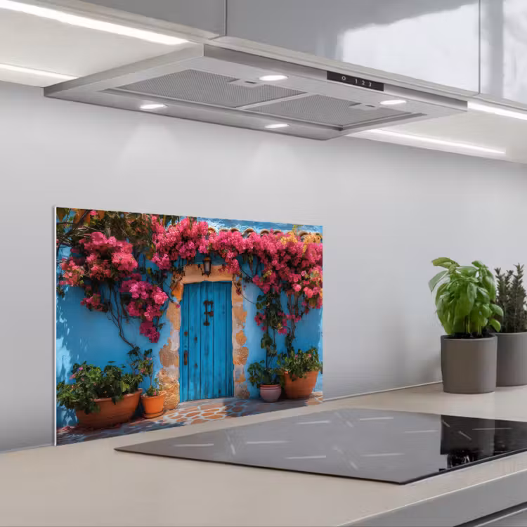 Spritzschutz Küche - Tür - Holz - Blumen - Blau — 1
