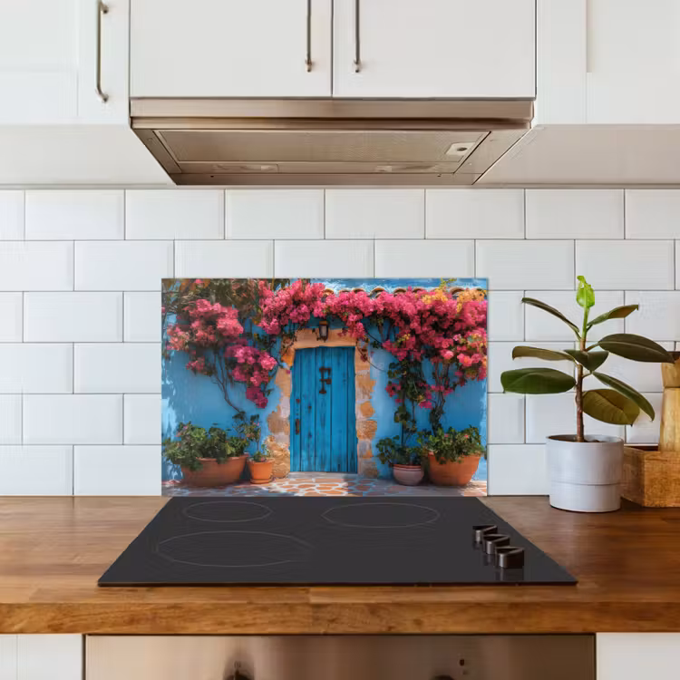 Spritzschutz Küche - Tür - Holz - Blumen - Blau — 3