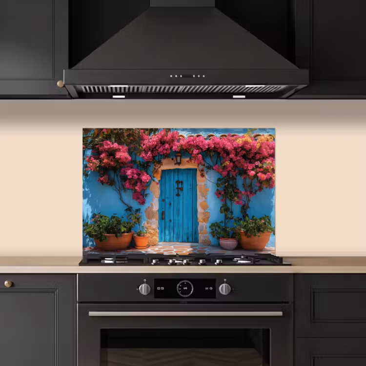 Spritzschutz Küche - Tür - Holz - Blumen - Blau — 5