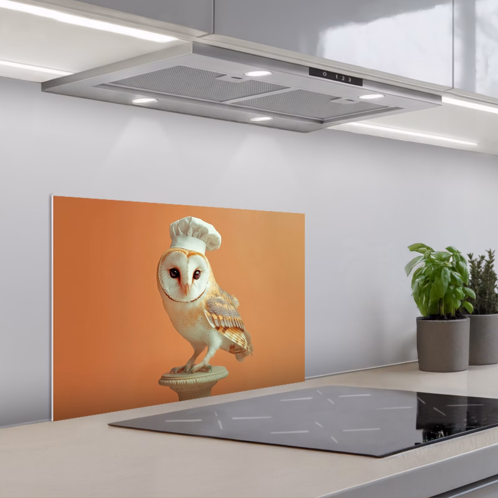 Spritzschutz Küche - Schleiereule - Kochmütze - Orange - Vogel — 1