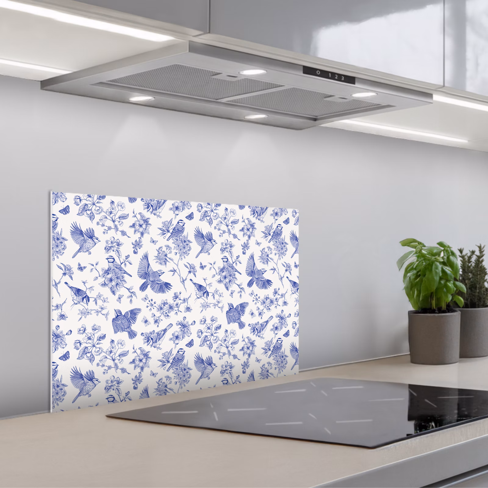 Spritzschutz Küche - Vögel - Blumen - Blau — 1
