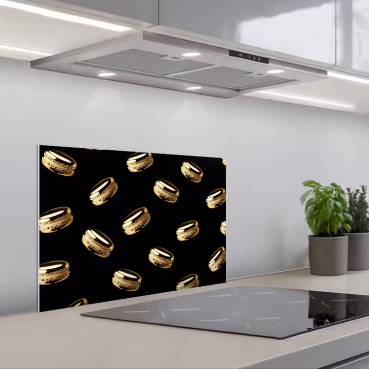Spritzschutz Küche - Makronen - Muster - Gold - Schwarz — 1