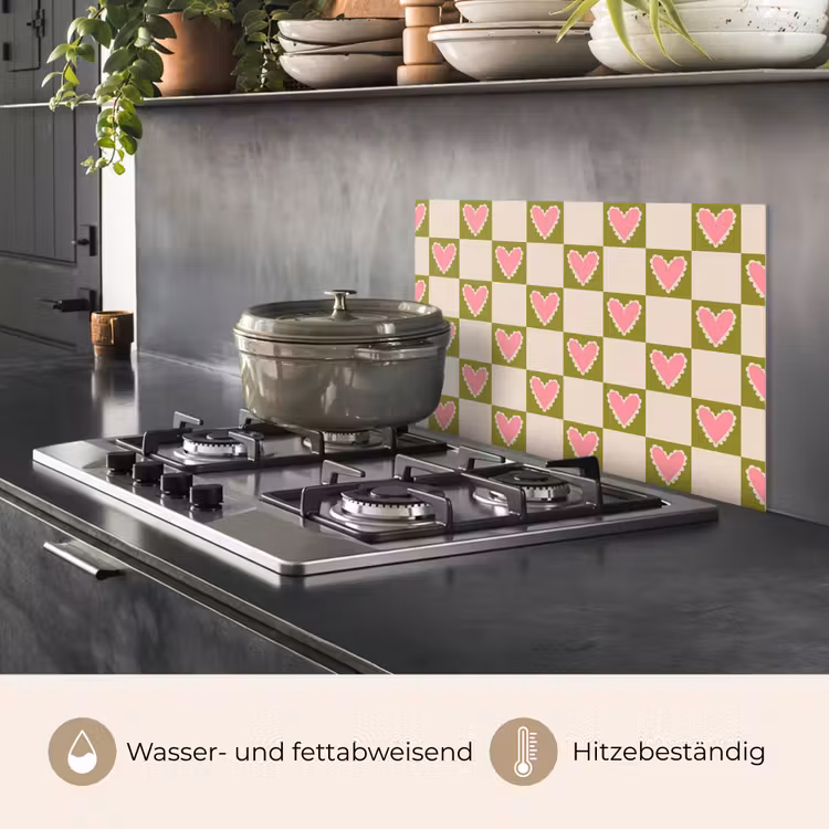 Spritzschutz Küche - Olivgrün - Herzen - Muster - Retro — 2