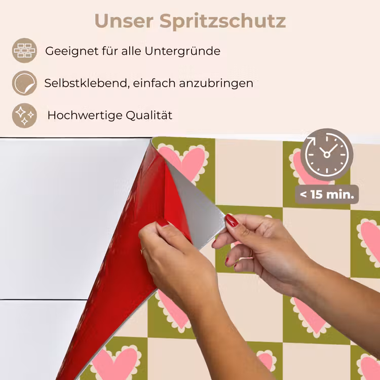 Spritzschutz Küche - Olivgrün - Herzen - Muster - Retro — 4