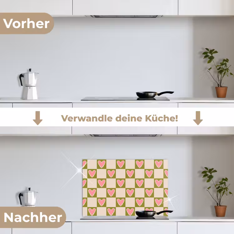 Spritzschutz Küche - Olivgrün - Herzen - Muster - Retro — 7