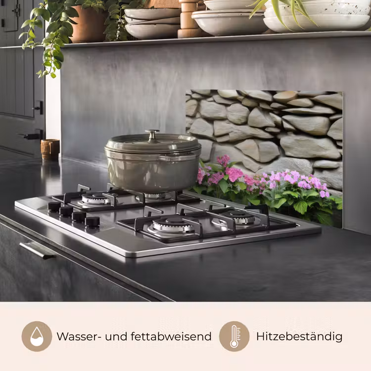 Spritzschutz Küche - Hortensien - Steine - Mauer - Blumen — 2