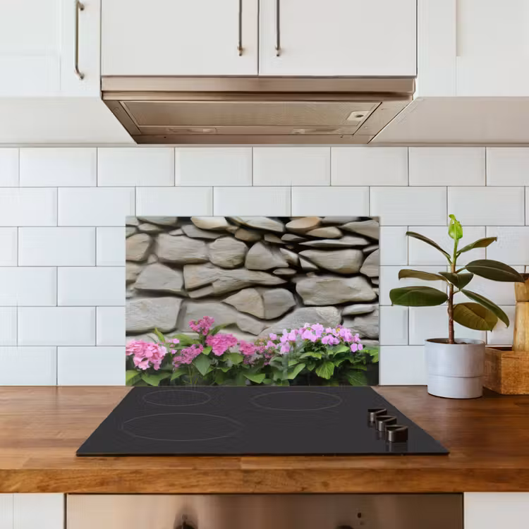 Spritzschutz Küche - Hortensien - Steine - Mauer - Blumen — 3