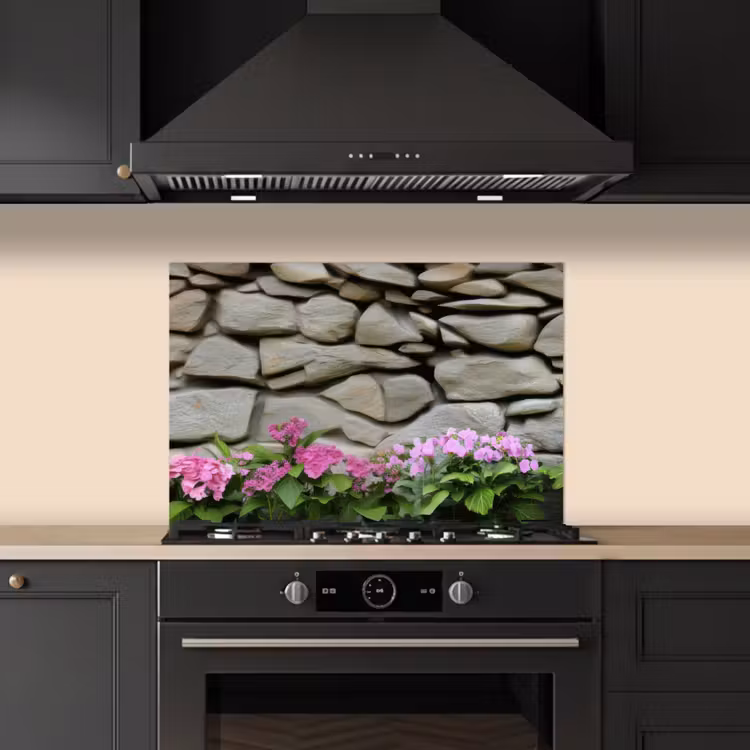 Spritzschutz Küche - Hortensien - Steine - Mauer - Blumen — 5