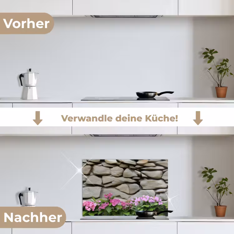 Spritzschutz Küche - Hortensien - Steine - Mauer - Blumen — 7
