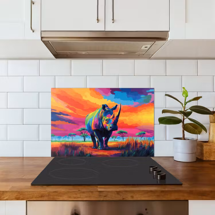 Spritzschutz Küche - Nashorn - Sonnenuntergang - Savanne - Farbenfroh — 3