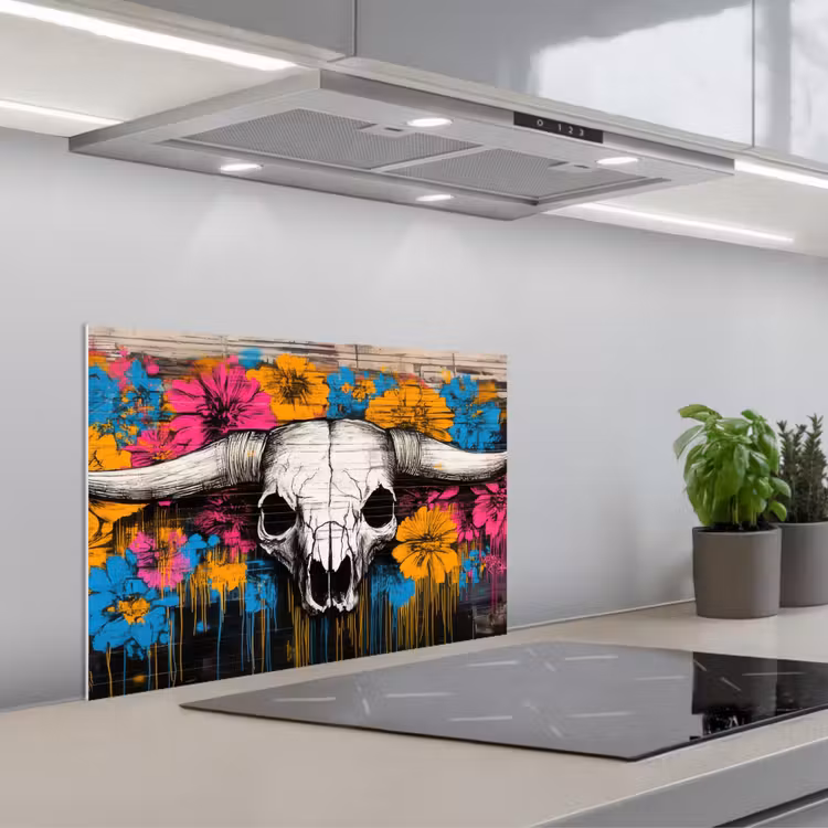 Spritzschutz Küche - Totenkopf - Blumen - Graffiti — 1