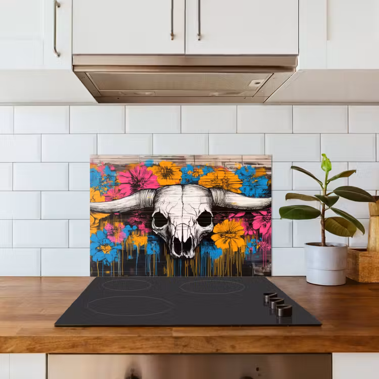 Spritzschutz Küche - Totenkopf - Blumen - Graffiti — 3