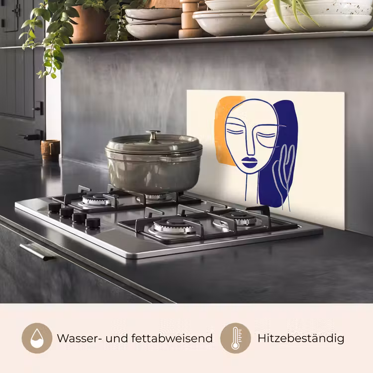Spritzschutz Küche - Minimalistisch - Gesicht - Hand - Orange - Blau — 2