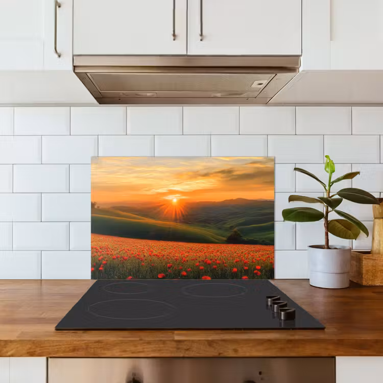 Spritzschutz Küche - Mohnblumen - Blumen - Hügel - Sonnenuntergang — 3