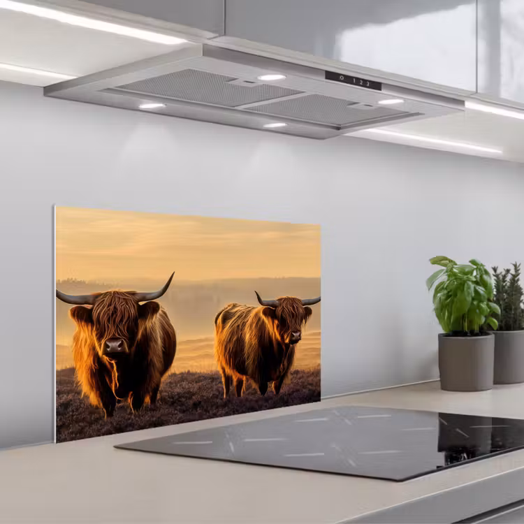 Spritzschutz Küche - Schottische Hochlandbewohner - Heide - Landschaft - Tiere — 1