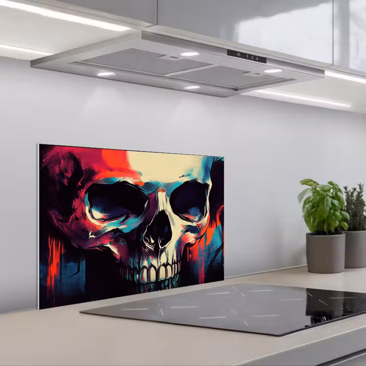 Spritzschutz Küche - Totenkopf - Abstrakt - Rot - Blau - Graffiti — 1