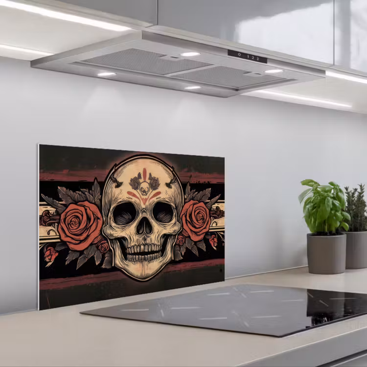 Spritzschutz Küche - Totenkopf - Rosen - Gotisch — 1
