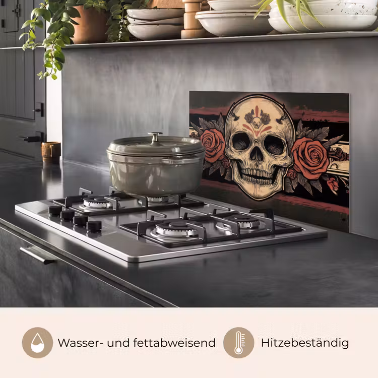 Spritzschutz Küche - Totenkopf - Rosen - Gotisch — 2