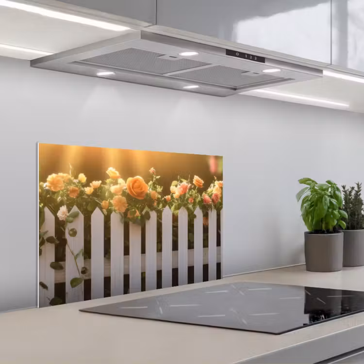 Spritzschutz Küche - Rosen - Zaun - Sonnenlicht — 1