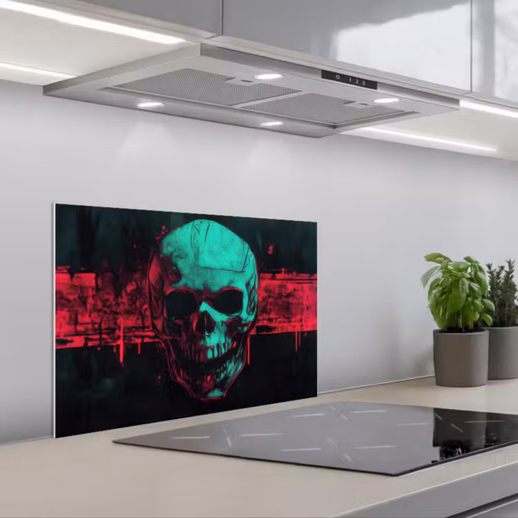 Spritzschutz Küche - Totenkopf - Cyberpunk - Neonrot — 1