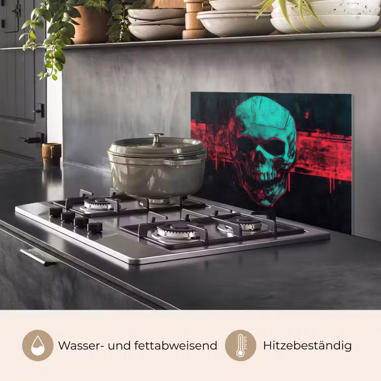 Spritzschutz Küche - Totenkopf - Cyberpunk - Neonrot — 2