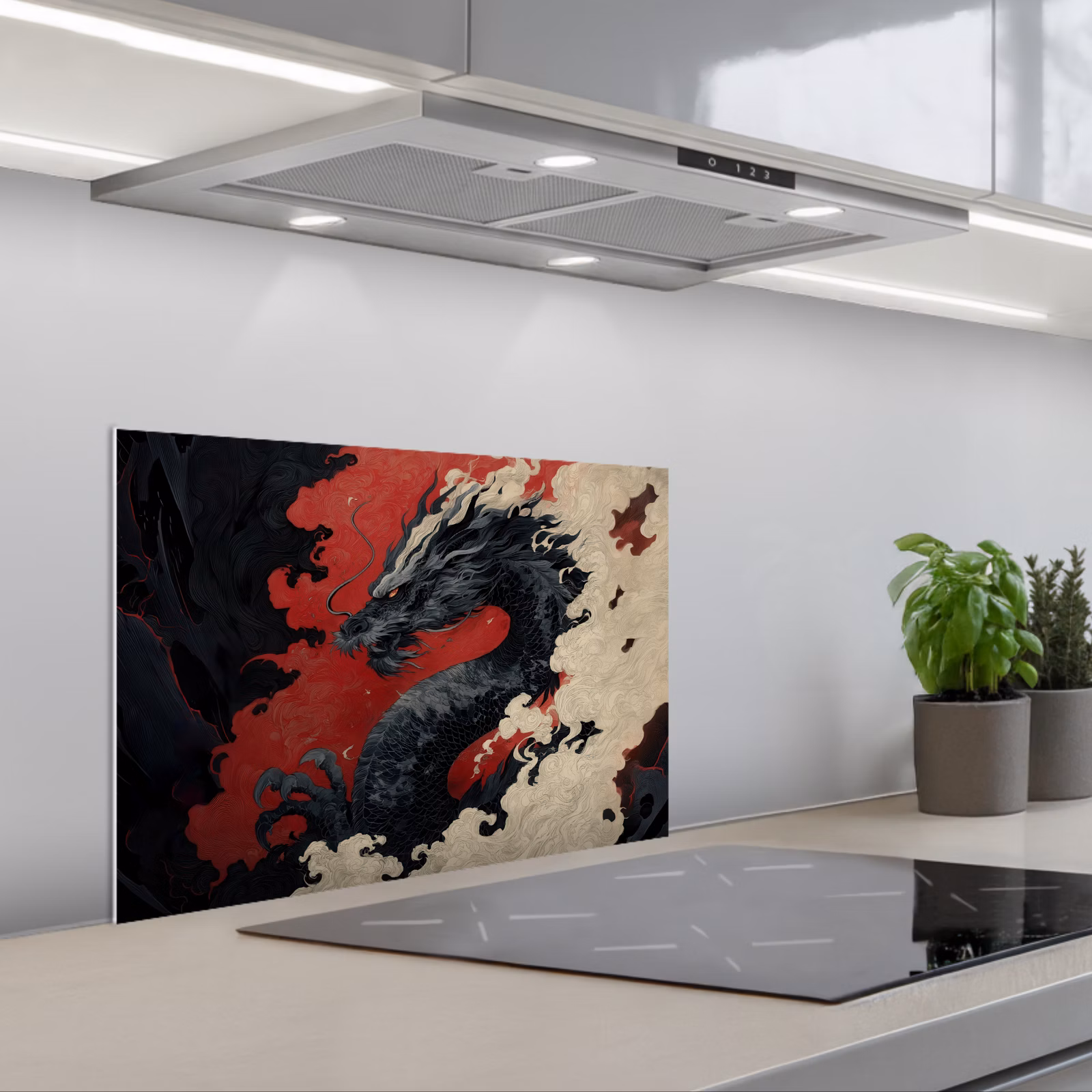 Spritzschutz Küche - Schwarzer Drache - Rauchwolken - Rot — 1