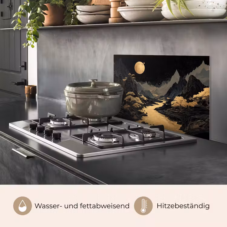 Spritzschutz Küche - Goldener Fluss - Berge - Mond - Sternenhimmel — 2