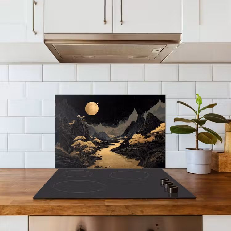 Spritzschutz Küche - Goldener Fluss - Berge - Mond - Sternenhimmel — 3
