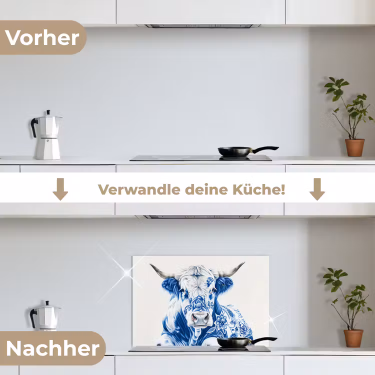 Spritzschutz Küche - Kuh - Delfter Blau - Blumen - Kunst — 7