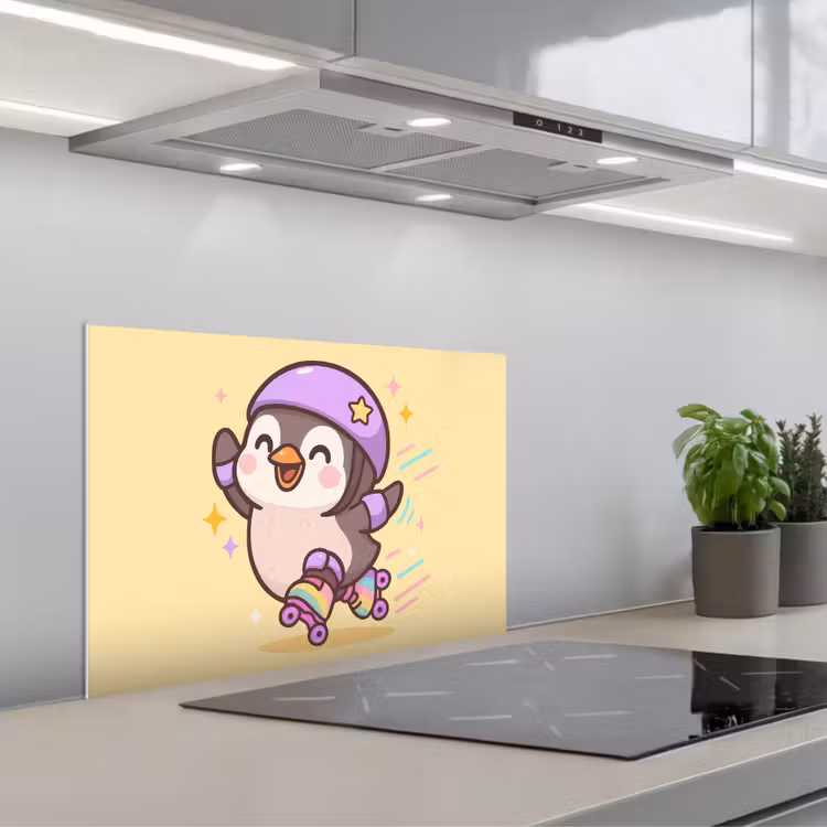 Spritzschutz Küche - Pinguin - Rollschuhe - Gelb - Energetisch — 1