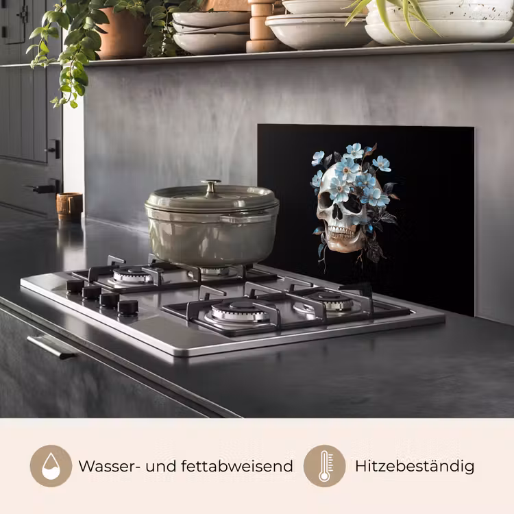 Spritzschutz Küche - Totenkopf - Blau - Blumen - Blätter — 2