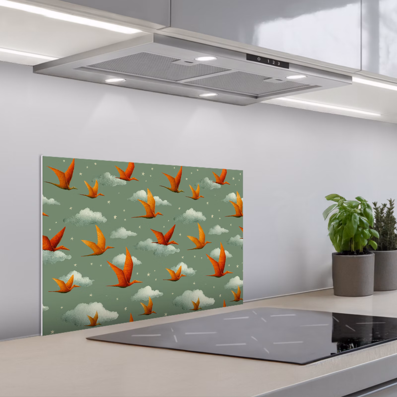 Spritzschutz Küche - Dinosaurier - Wolken - Sterne - Orange — 1