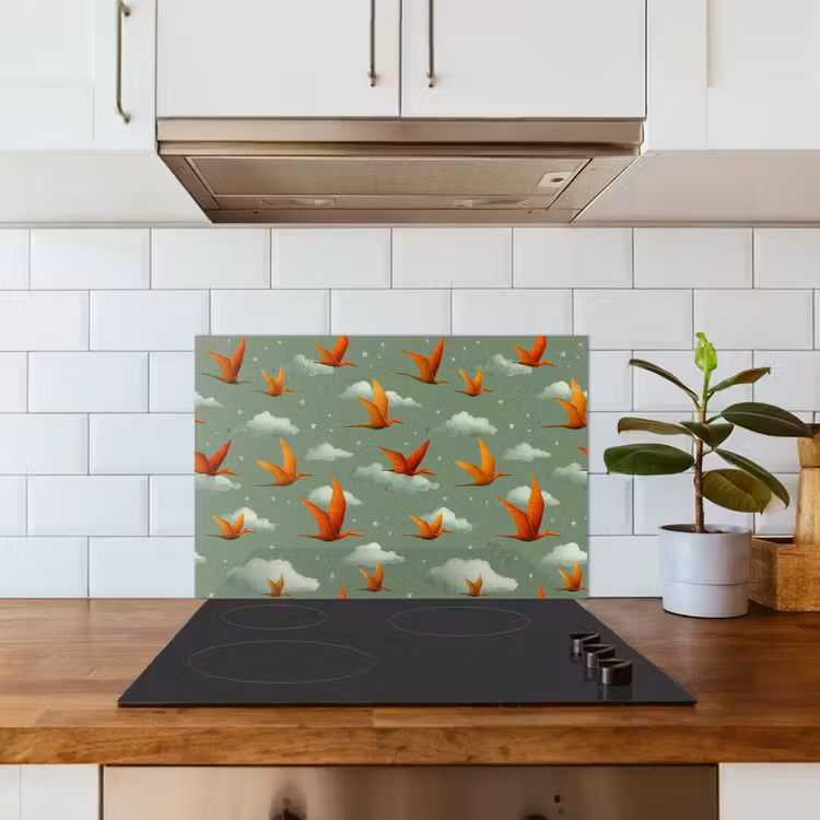 Spritzschutz Küche - Dinosaurier - Wolken - Sterne - Orange — 3