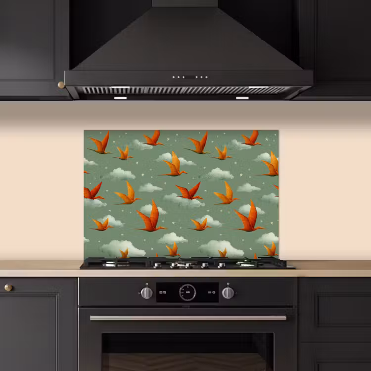Spritzschutz Küche - Dinosaurier - Wolken - Sterne - Orange — 5