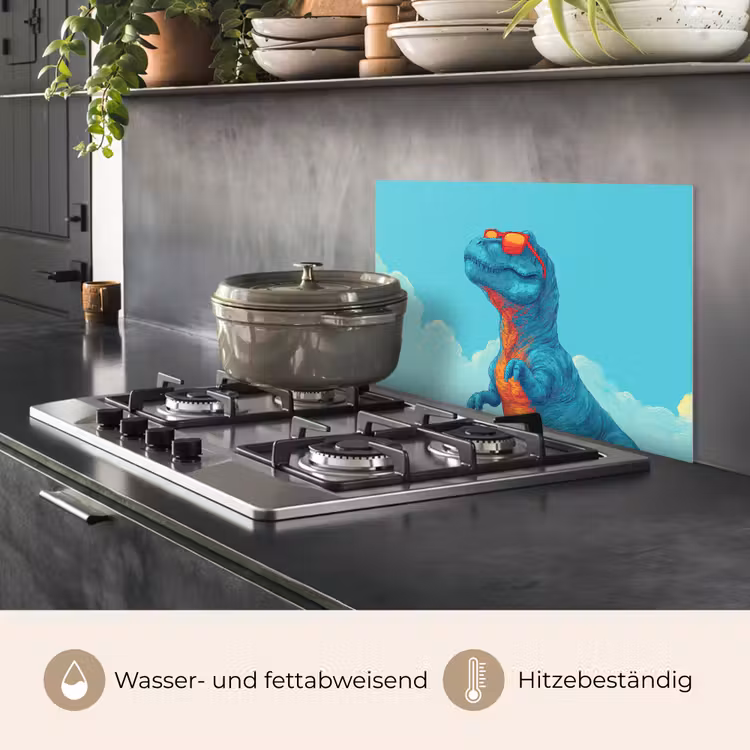 Spritzschutz Küche - T-Rex - Blau - Wolken - Sonnenbrille — 2