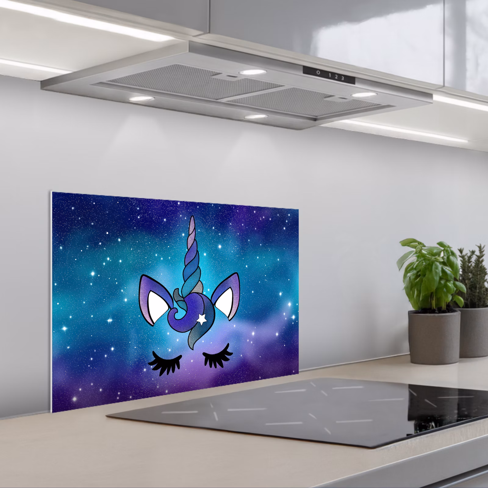 Spritzschutz Küche - Einhorn - Sternenhimmel - Blau — 1