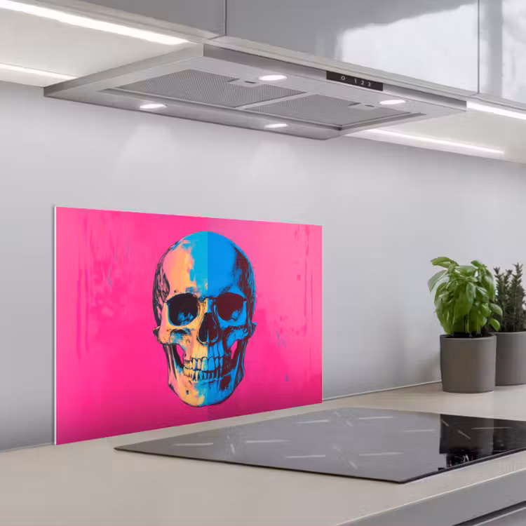 Spritzschutz Küche - Neon - Blau - Pop-art - Totenkopf — 1
