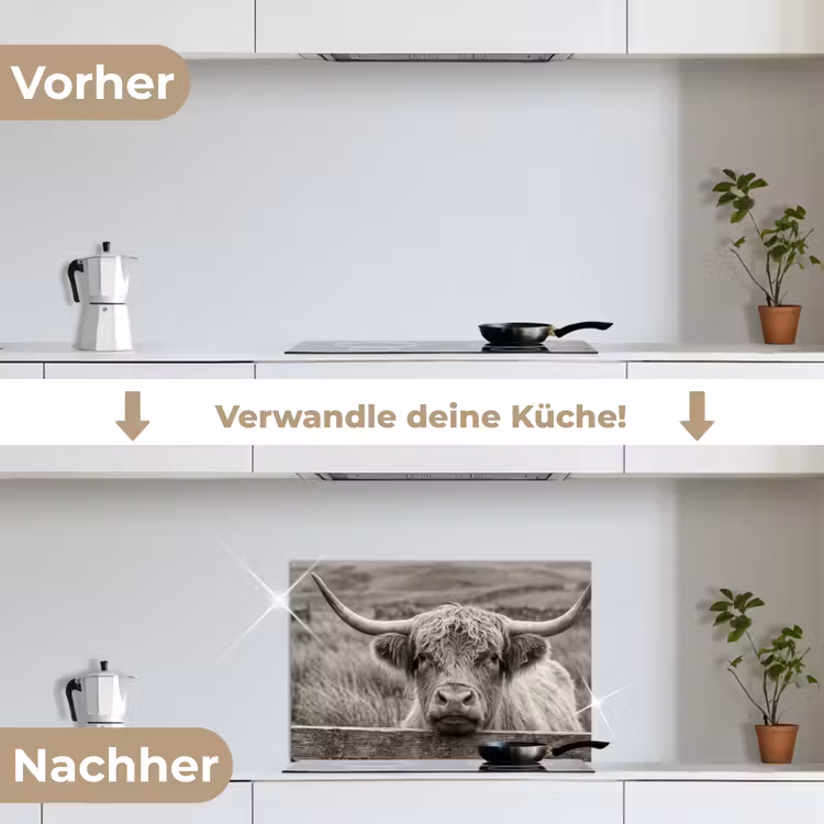 Spritzschutz Küche - Schottischer Highlander - Schwarz - Weiß - Holz — 7