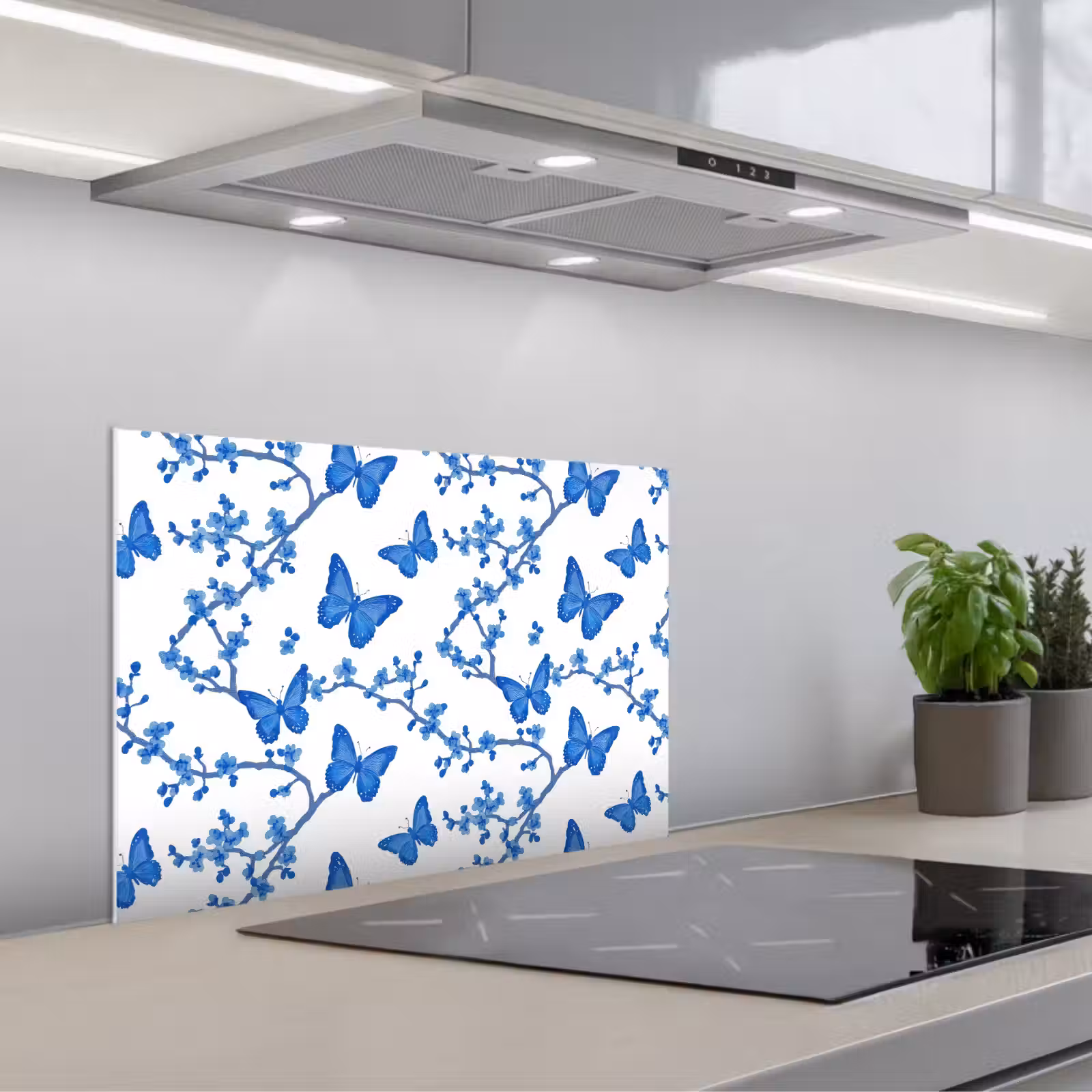 Spritzschutz Küche - Schmetterling - Blumen - Blau — 1