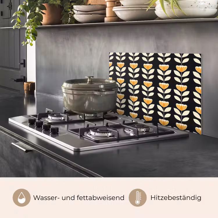 Spritzschutz Küche - Retro - Blume - Schwarz - Ockergelb — 2