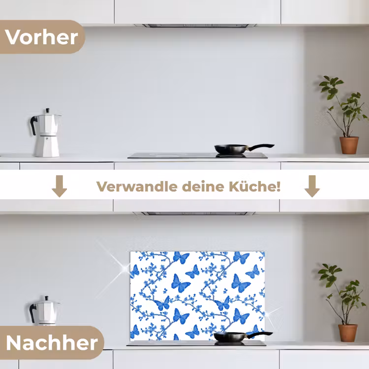 Spritzschutz Küche - Schmetterling - Blumen - Blau — 7