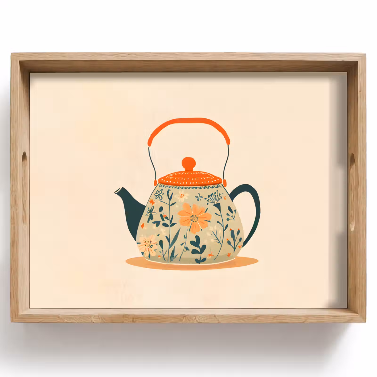 Tablett - Orange - Teekanne - Blumen - Blätter — 1
