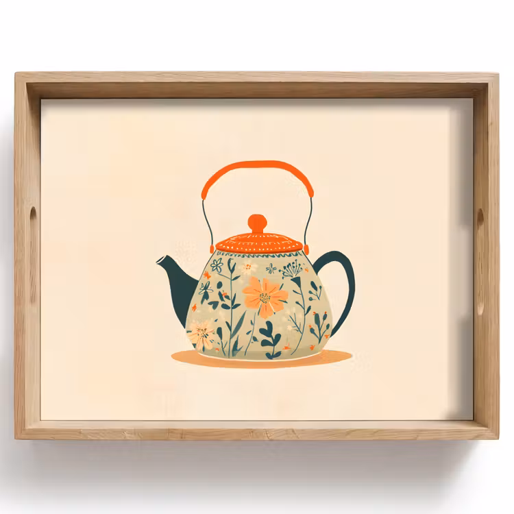 Tablett - Orange - Teekanne - Blumen - Blätter — 1