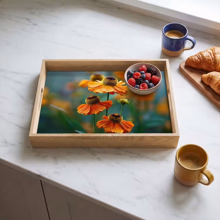Tablett - Orangefarbene Blumen - Lebendig - Unscharfer Hintergrund — 3