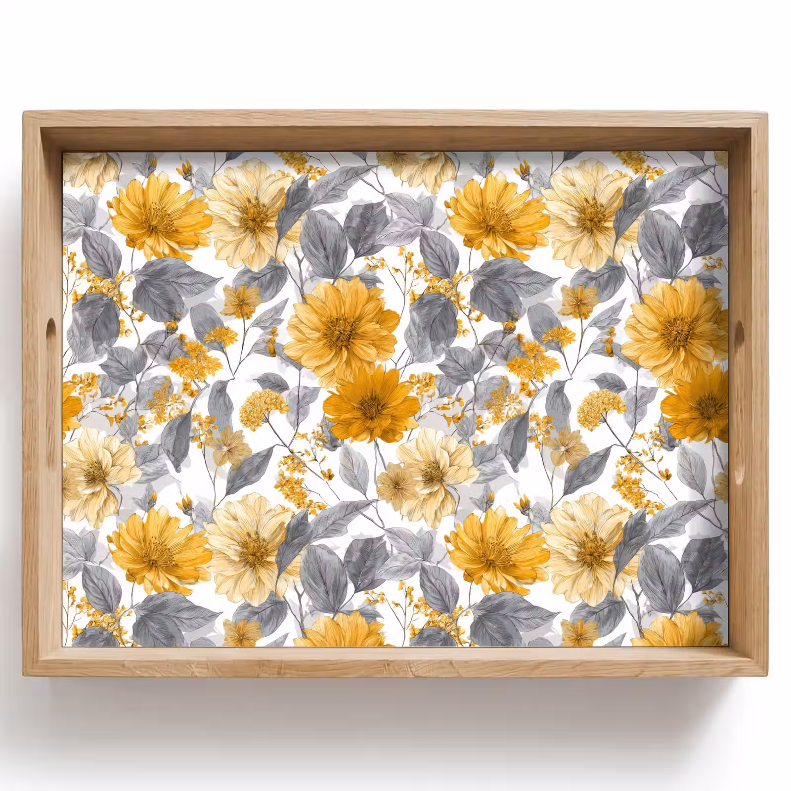 Tablett - Blumen – Botanisch – Elegant – Ockergelb – Grau — 1