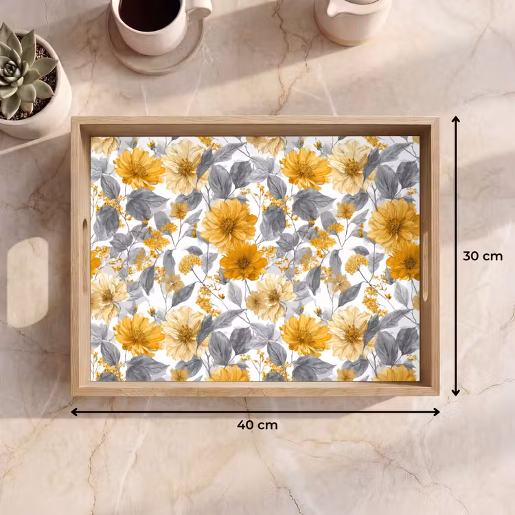 Tablett - Blumen – Botanisch – Elegant – Ockergelb – Grau — 7