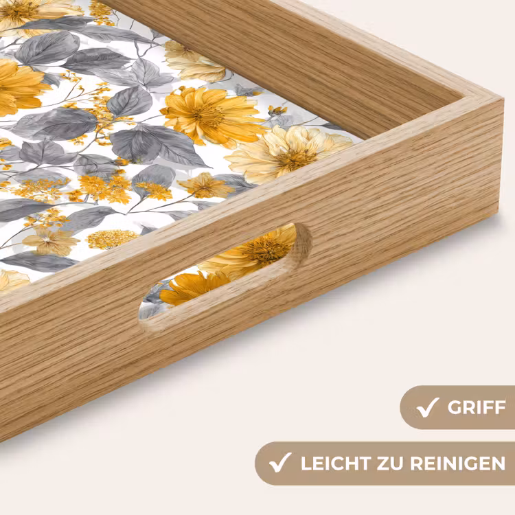 Tablett - Blumen – Botanisch – Elegant – Ockergelb – Grau — 8