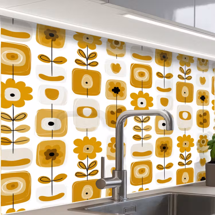 Küchen rückwand - Retro – Abstrakt – Blumen – Ockergelb — 1