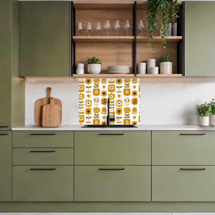 Küchen rückwand - Retro – Abstrakt – Blumen – Ockergelb — 7